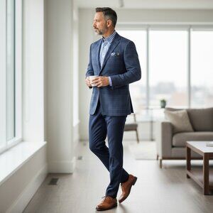 Luigi Bianchi LBM Blazer Mens 44R Blue Plaid Wool Silk SportsCoat Made In Italy